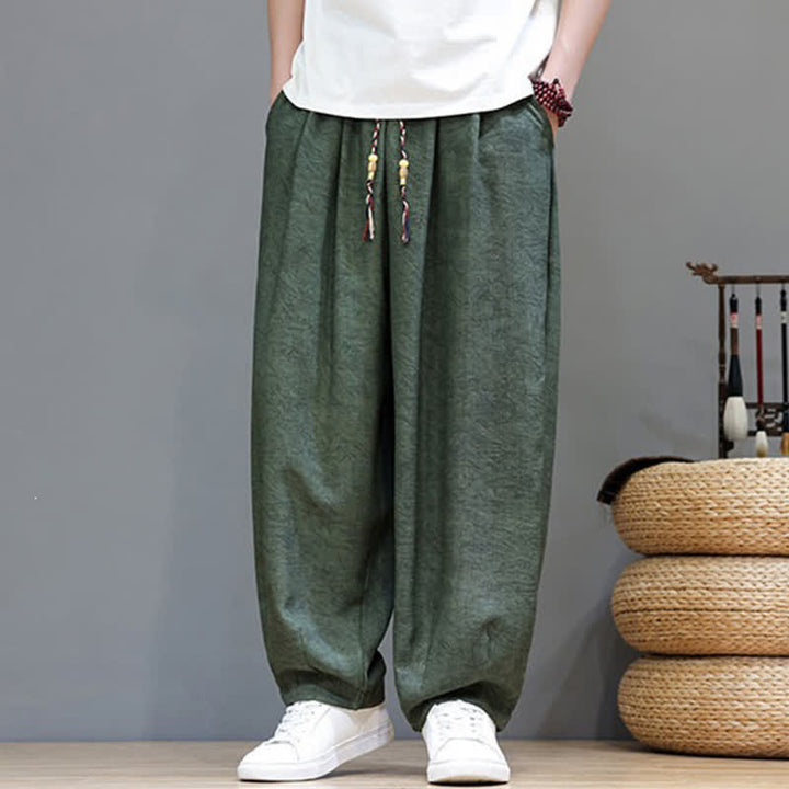 Buddha Stones Summer Bohemian Drawstring Solid Plant Pattern Men's Harem Pants With Pockets - image 2
