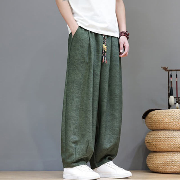 Buddha Stones Summer Bohemian Drawstring Solid Plant Pattern Men's Harem Pants With Pockets - image 5