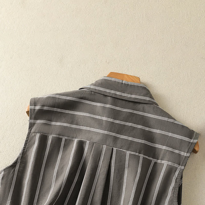 Buddha Stones Summer Vintage Button-Up Striped Women's Sleeveless Shirts With Patch Pocket - image 4