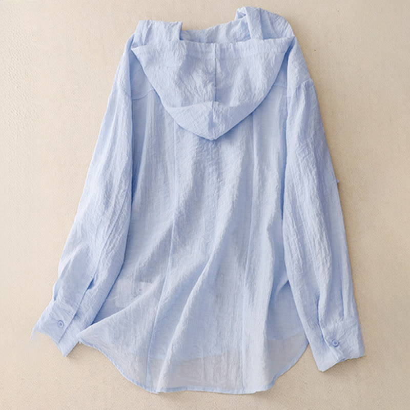 Buddha Stones Summer Casual Drawstring Solid Hooded Women's Long Sleeve Shirts - image 1