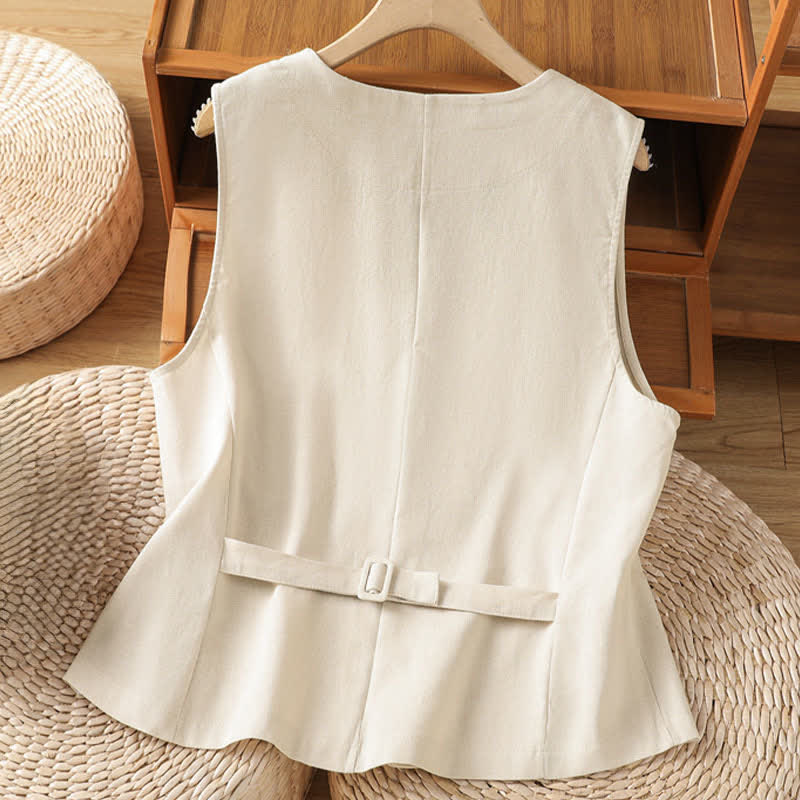 Buddha Stones Summer Vintage Button-Up Solid Women's Sleeveless Shirts With Decorative Pockets - image 1