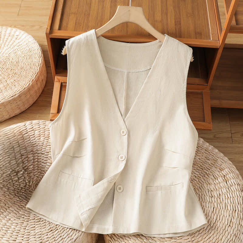 Buddha Stones Summer Vintage Button-Up Solid Women's Sleeveless Shirts With Decorative Pockets - Beige - US12，UK/AU16，EU44 (2XL) - image 0