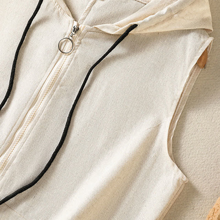Buddha Stones Summer Casual Drawstring Solid Zipper Design Women's Sleeveless Hooded Shirts With Pockets - image 8
