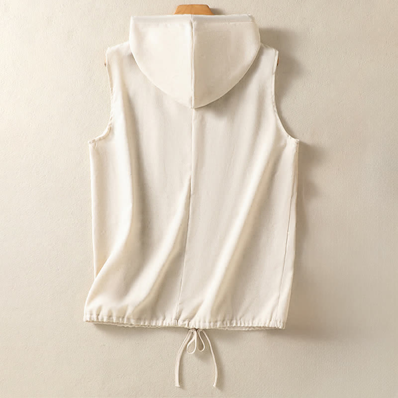 Buddha Stones Summer Casual Drawstring Solid Zipper Design Women's Sleeveless Hooded Shirts With Pockets - image 1