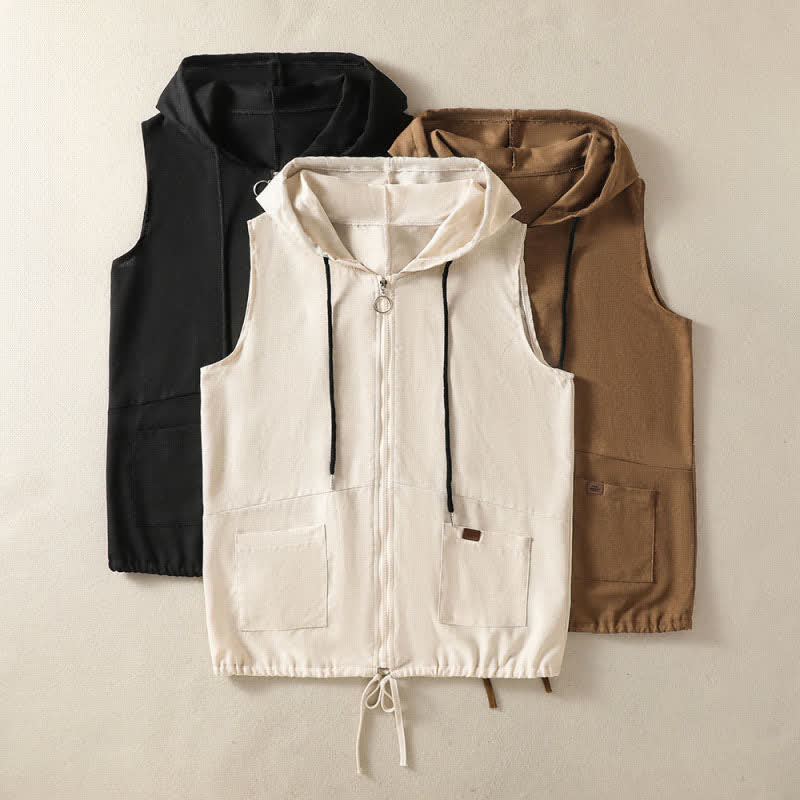 Buddha Stones Summer Casual Drawstring Solid Zipper Design Women's Sleeveless Hooded Shirts With Pockets - image 29