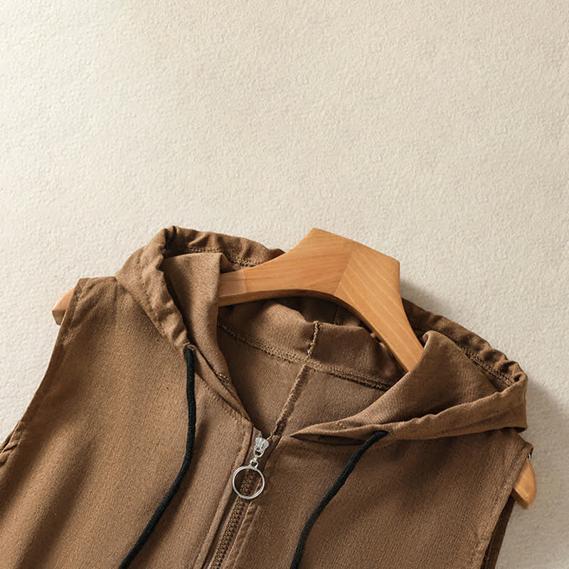 Buddha Stones Summer Casual Drawstring Solid Zipper Design Women's Sleeveless Hooded Shirts With Pockets - image 21