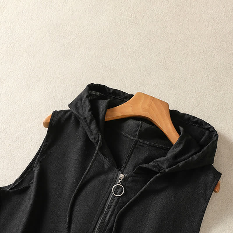 Buddha Stones Summer Casual Drawstring Solid Zipper Design Women's Sleeveless Hooded Shirts With Pockets - image 13