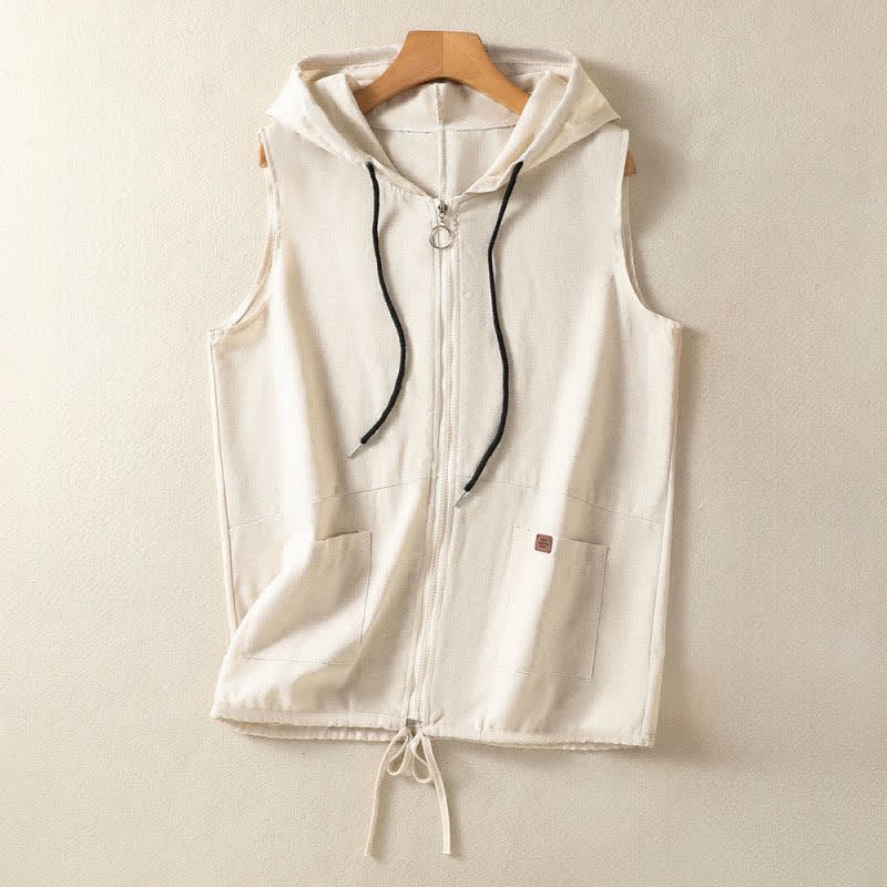 Buddha Stones Summer Casual Drawstring Solid Zipper Design Women's Sleeveless Hooded Shirts With Pockets - AntiqueWhite - US12，UK/AU16，EU44 (2XL) - image 0