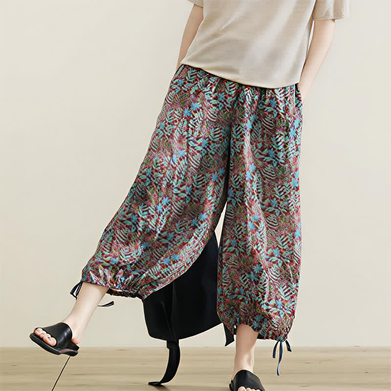 Buddha Stones Summer Bohemian Drawstring Leaf Print Women's Straight Leg Pants With Pockets - image 9