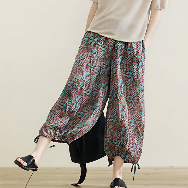 Buddha Stones Summer Bohemian Drawstring Leaf Print Women's Straight Leg Pants With Pockets - image 9