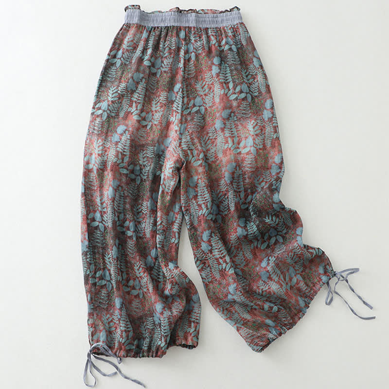 Buddha Stones Summer Bohemian Drawstring Leaf Print Women's Straight Leg Pants With Pockets - RosyBrown - US14，UK/AU18，EU46 (2XL) - image 0
