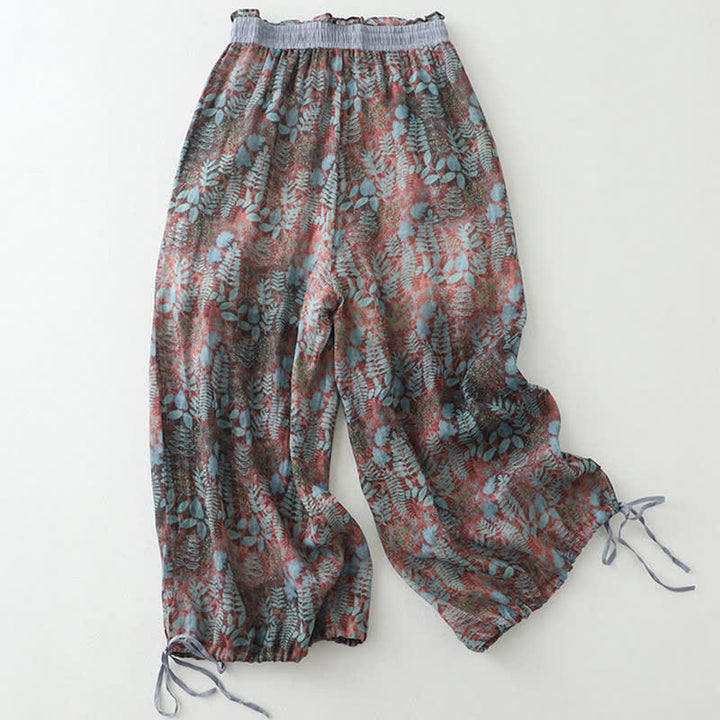 Buddha Stones Summer Bohemian Drawstring Leaf Print Women's Straight Leg Pants With Pockets - RosyBrown - US14，UK/AU18，EU46 (2XL) - image 0