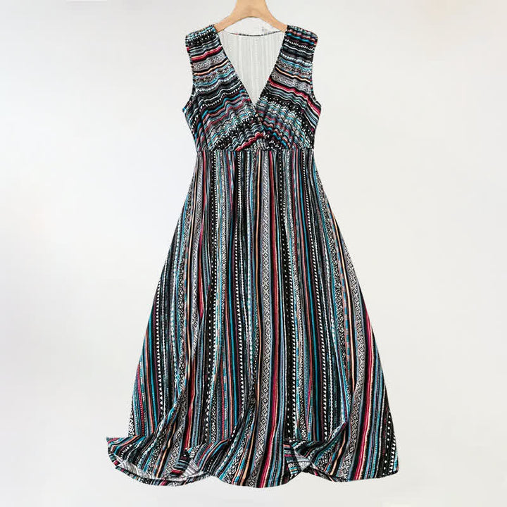 Buddha Stones Summer Bohemian Stripes V-Neck Women's Summer Sleeveless Dress - Black - US20，UK/AU24，EU52 (5XL) - image 0