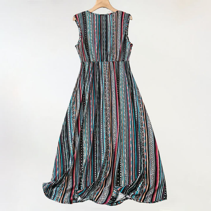 Buddha Stones Summer Bohemian Stripes V-Neck Women's Summer Sleeveless Dress - image 1