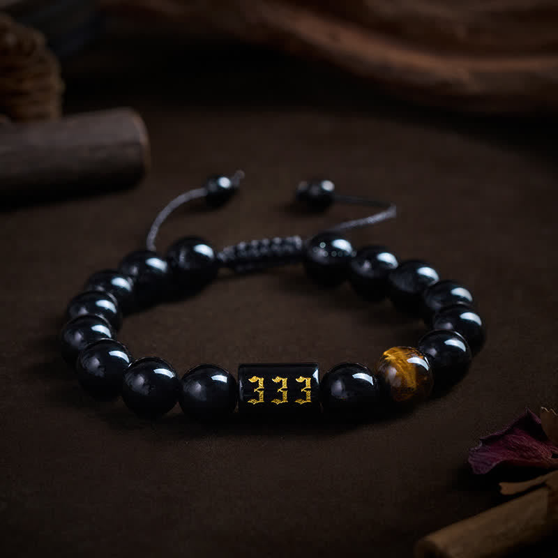 Buddha Stones Angel Number Natural Black Obsidian Tiger Eye Strength Fulfillment Bracelet - image 0