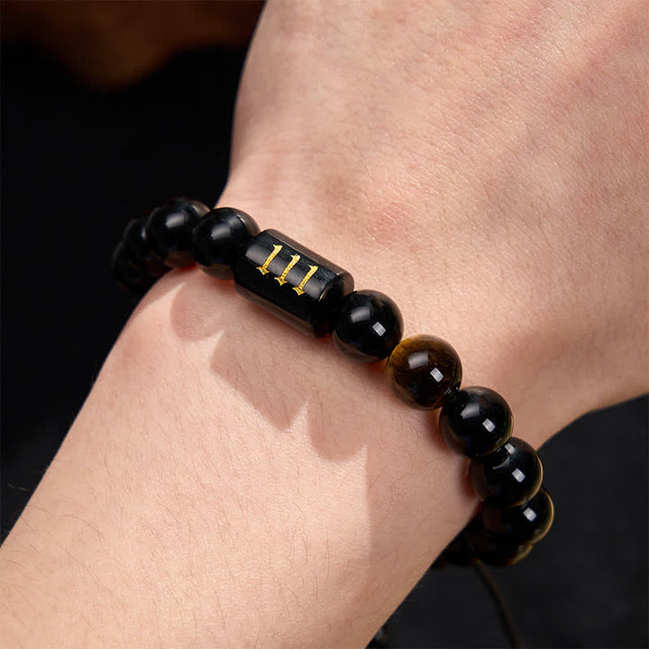 Buddha Stones Angel Number Natural Black Obsidian Tiger Eye Strength Fulfillment Bracelet - image 12