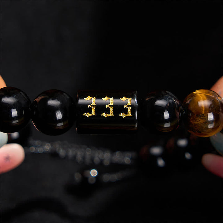 Buddha Stones Angel Number Natural Black Obsidian Tiger Eye Strength Fulfillment Bracelet - image 1