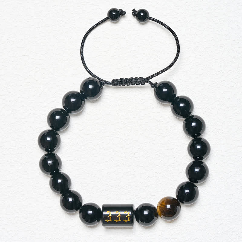 Buddha Stones Angel Number Natural Black Obsidian Tiger Eye Strength Fulfillment Bracelet - image 4