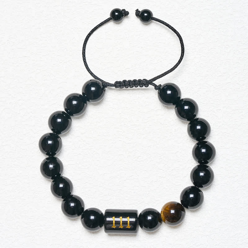 Buddha Stones Angel Number Natural Black Obsidian Tiger Eye Strength Fulfillment Bracelet - image 11