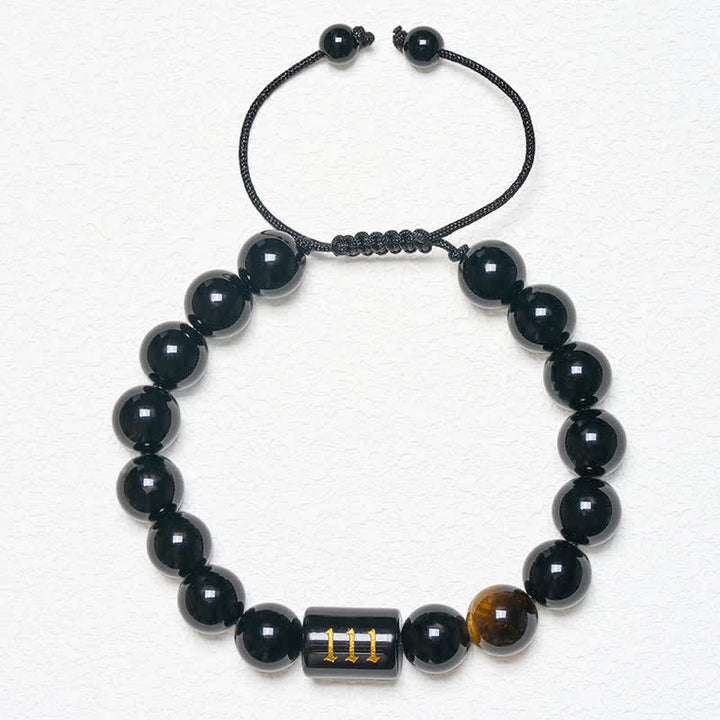 Buddha Stones Angel Number Natural Black Obsidian Tiger Eye Strength Fulfillment Bracelet - image 11