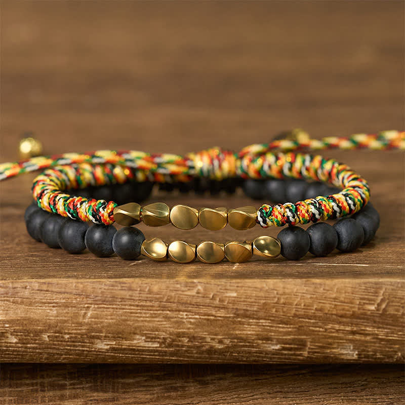 Buddha Stones 2Pcs Natural Frosted Stone Bead Copper String Cure Bracelet - Multicolor + Frosted Stone(Wrist Circumference:17-28cm) - image 0