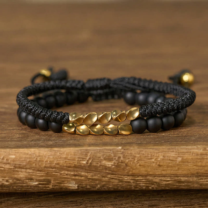 Buddha Stones 2Pcs Natural Frosted Stone Bead Copper String Cure Bracelet - Black + Frosted Stone(Wrist Circumference:17-28cm) - image 9