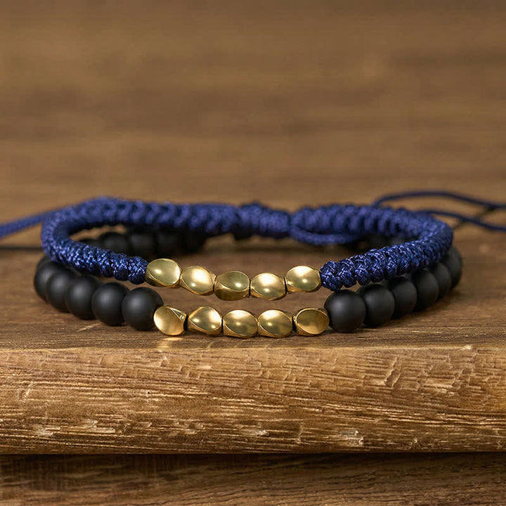 Buddha Stones 2Pcs Natural Frosted Stone Bead Copper String Cure Bracelet - Navy Blue + Frosted Stone(Wrist Circumference:17-28cm) - image 4