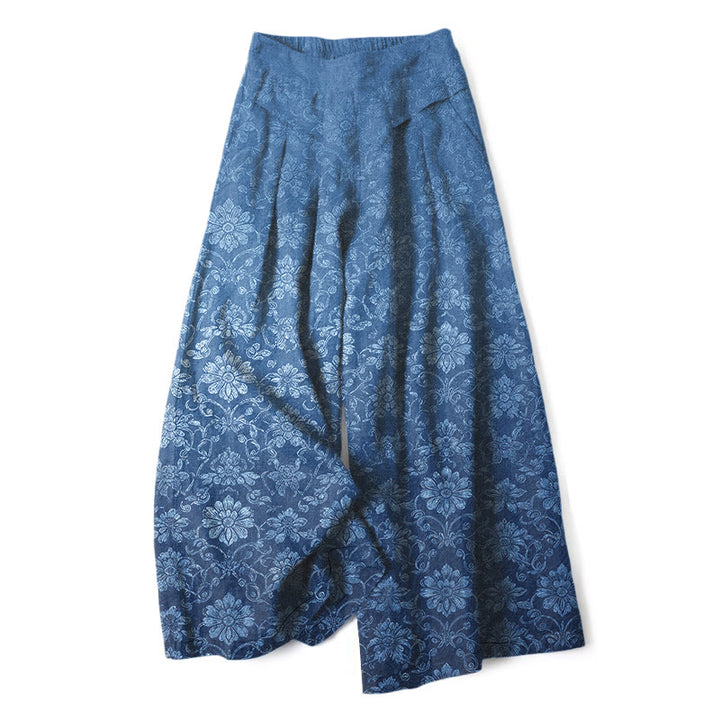 Buddha Stones Cotton Linen Vintage Floral Pattern Women's Elastic Waist Wide Leg Pants With Pockets - RoyalBlue - US16，UK/AU20，EU48 (3XL) - image 0