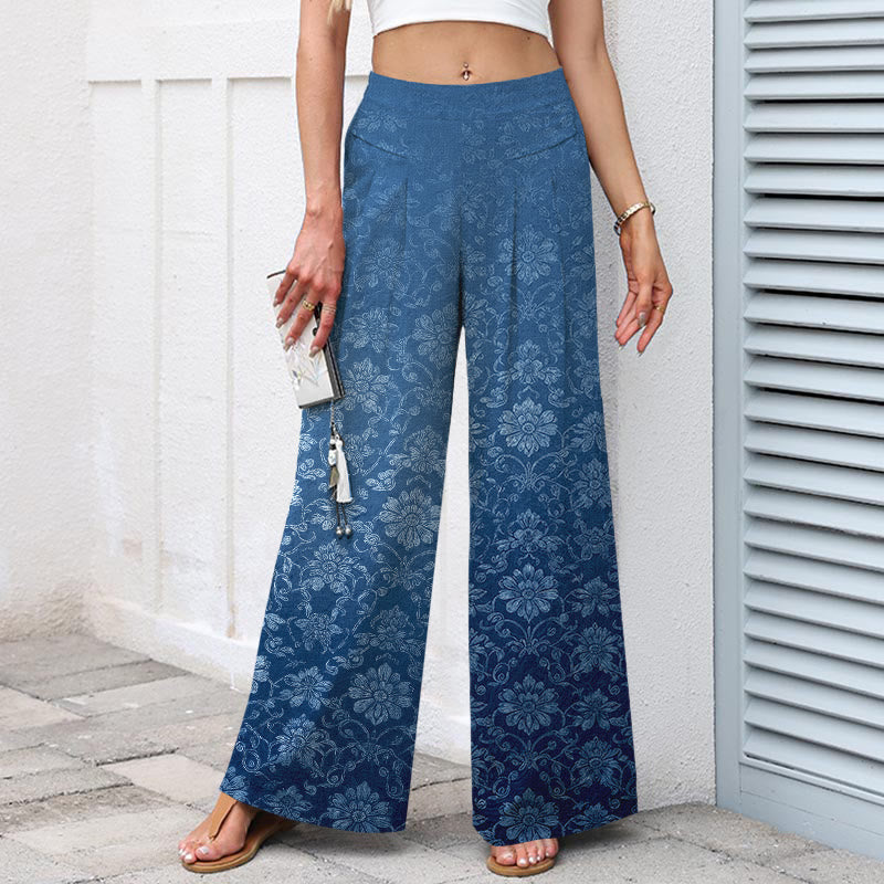 Buddha Stones Cotton Linen Vintage Floral Pattern Women's Elastic Waist Wide Leg Pants With Pockets - image 1