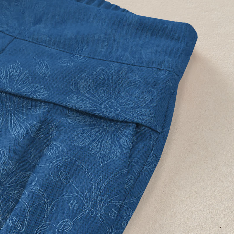 Buddha Stones Cotton Linen Vintage Floral Pattern Women's Elastic Waist Wide Leg Pants With Pockets - image 2