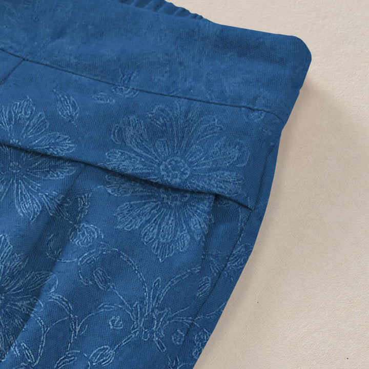 Buddha Stones Cotton Linen Vintage Floral Pattern Women's Elastic Waist Wide Leg Pants With Pockets - image 2