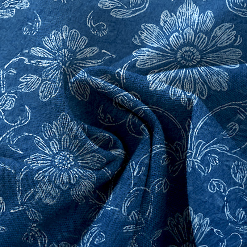 Buddha Stones Cotton Linen Vintage Floral Pattern Women's Elastic Waist Wide Leg Pants With Pockets - image 3