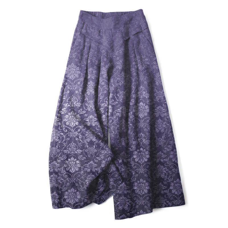 Buddha Stones Cotton Linen Vintage Floral Pattern Women's Elastic Waist Wide Leg Pants With Pockets - Purple - US16，UK/AU20，EU48 (3XL) - image 4
