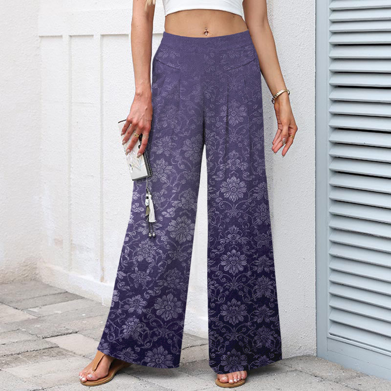 Buddha Stones Cotton Linen Vintage Floral Pattern Women's Elastic Waist Wide Leg Pants With Pockets - image 5
