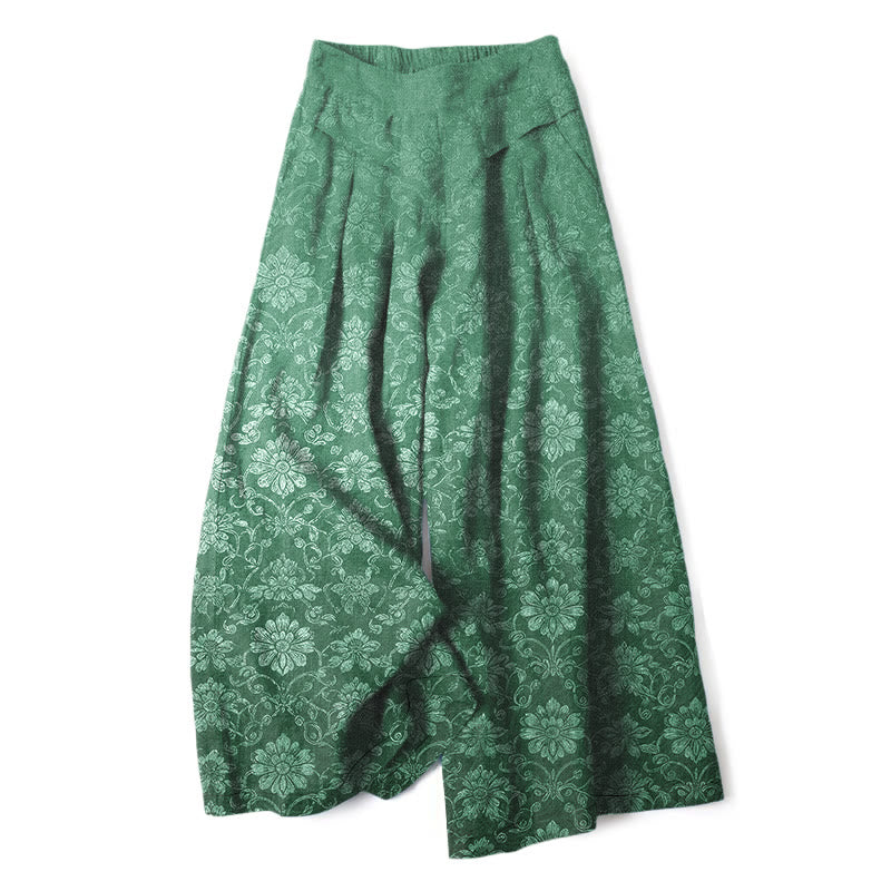 Buddha Stones Cotton Linen Vintage Floral Pattern Women's Elastic Waist Wide Leg Pants With Pockets - SeaGreen - US16，UK/AU20，EU48 (3XL) - image 6