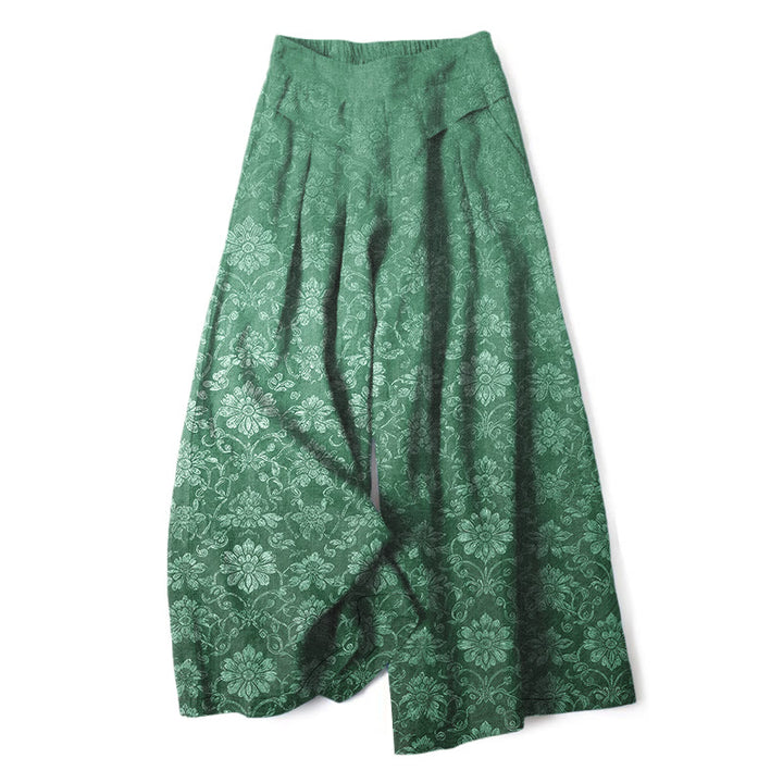 Buddha Stones Cotton Linen Vintage Floral Pattern Women's Elastic Waist Wide Leg Pants With Pockets - SeaGreen - US16，UK/AU20，EU48 (3XL) - image 6