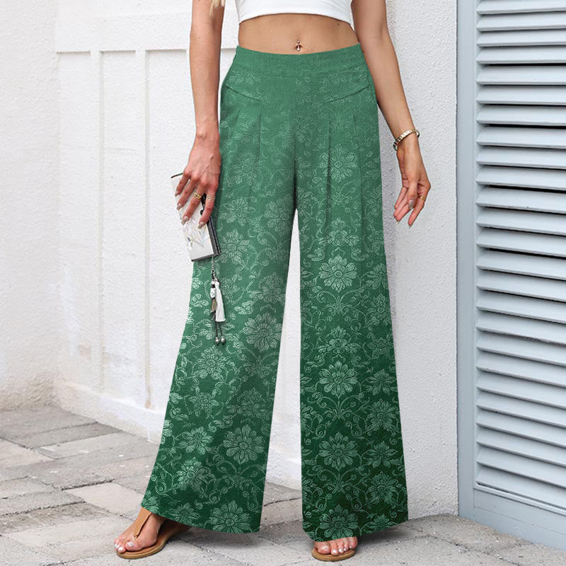 Buddha Stones Cotton Linen Vintage Floral Pattern Women's Elastic Waist Wide Leg Pants With Pockets - image 7
