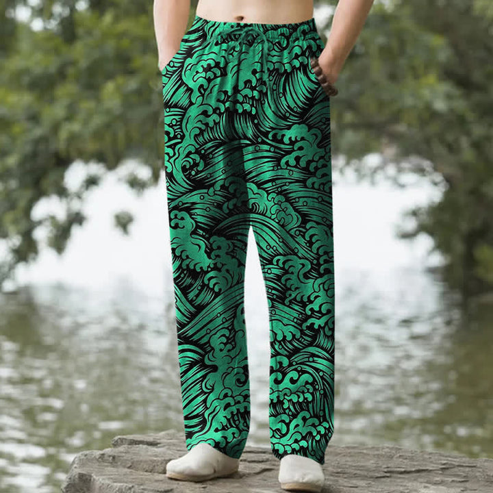 Buddha Stones Cotton Ocean Wave Pattern Men's Tapered Pants With Pockets - Forestgreen - US/UK/AU50，EU60 (5XL) - image 6