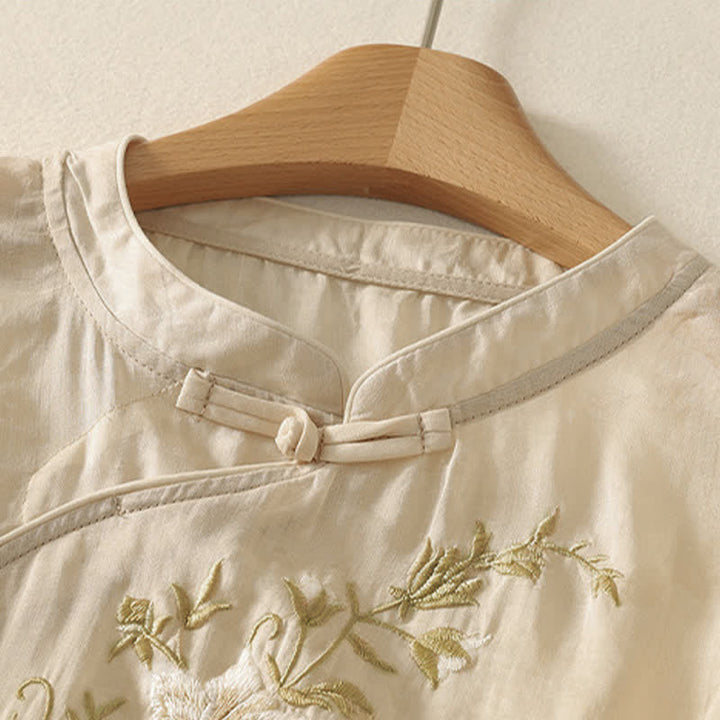 Buddha Stones Summer Tang Style Embroidery Flowers Mandarin Collar Solid Women's Short Sleeve Shirt - image 7