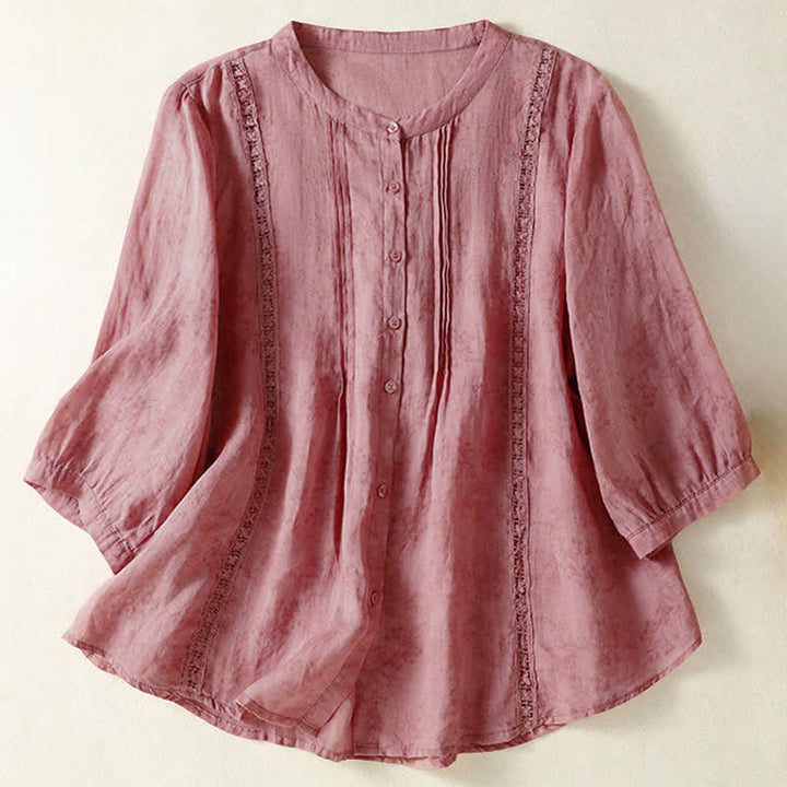 Buddha Stones Summer Vintage Button-Up Solid Women's Elbow-Length Sleeve Shirts - PeachPuff - US8-10，UK/AU12-14，EU40-42 (2XL) - image 6