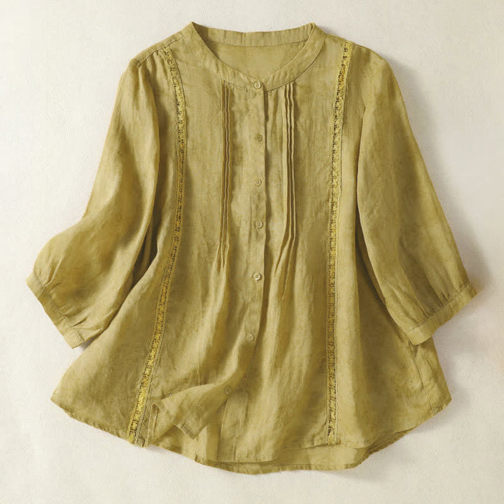 Buddha Stones Summer Vintage Button-Up Solid Women's Elbow-Length Sleeve Shirts - khaki - US8-10，UK/AU12-14，EU40-42 (2XL) - image 0