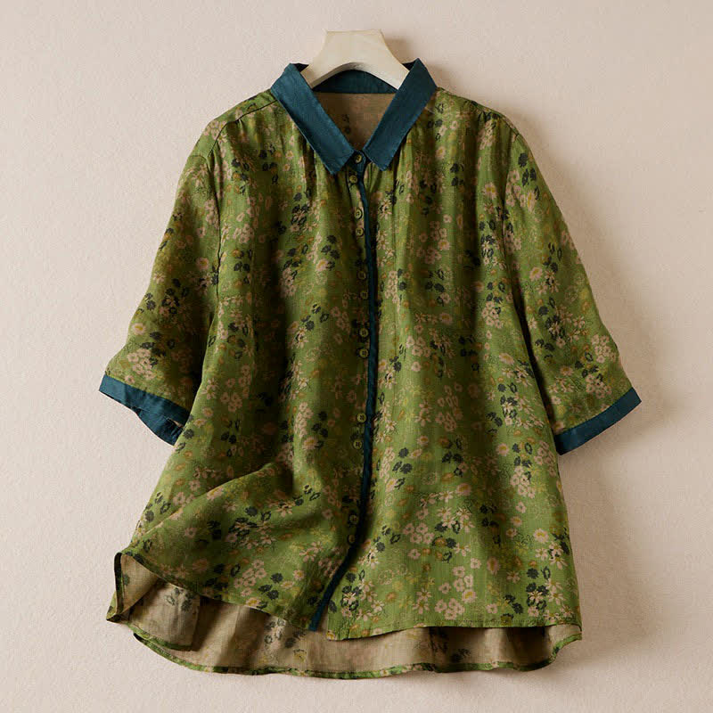 Buddha Stones Summer Vintage Button-Up Floral Print Women's Short Sleeve Shirts - OliveDrab - US8-10，UK/AU12-14，EU40-42 (2XL) - image 0