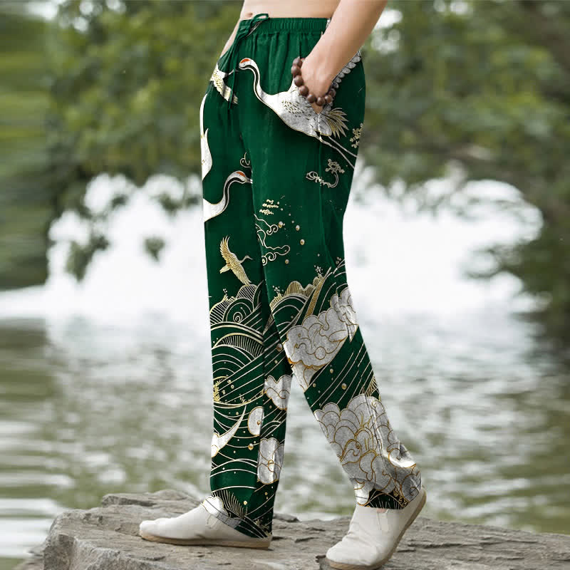 Buddha Stones Cotton White Crane Wave Pattern Men's Tapered Pants With Pockets - image 5