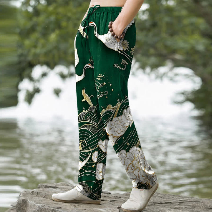Buddha Stones Cotton White Crane Wave Pattern Men's Tapered Pants With Pockets - image 5