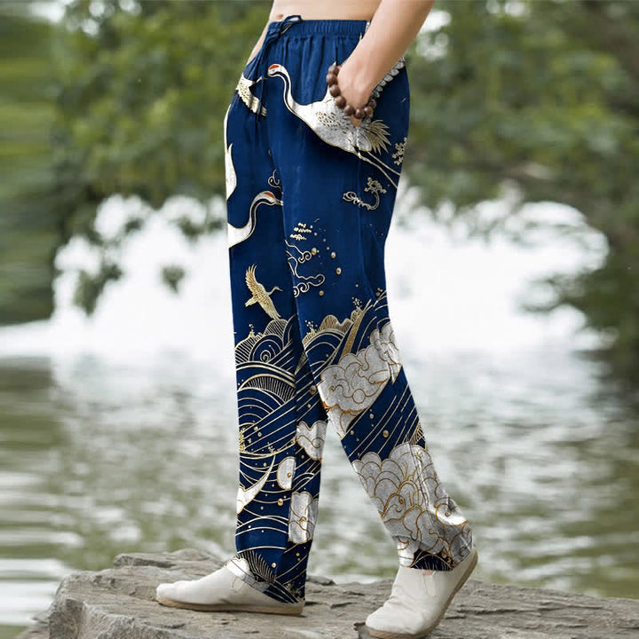 Buddha Stones Cotton White Crane Wave Pattern Men's Tapered Pants With Pockets - image 7