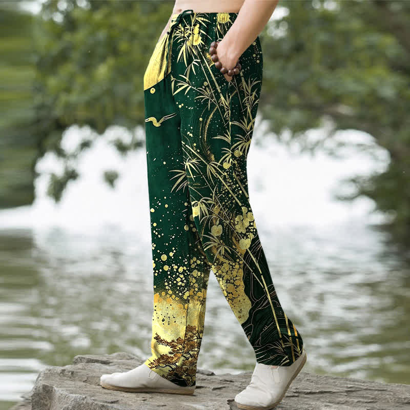 Buddha Stones Cotton Golden Moon Bamboo Pattern Men's Tapered Pants With Pockets - image 5