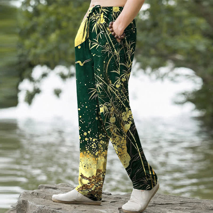 Buddha Stones Cotton Golden Moon Bamboo Pattern Men's Tapered Pants With Pockets - image 5