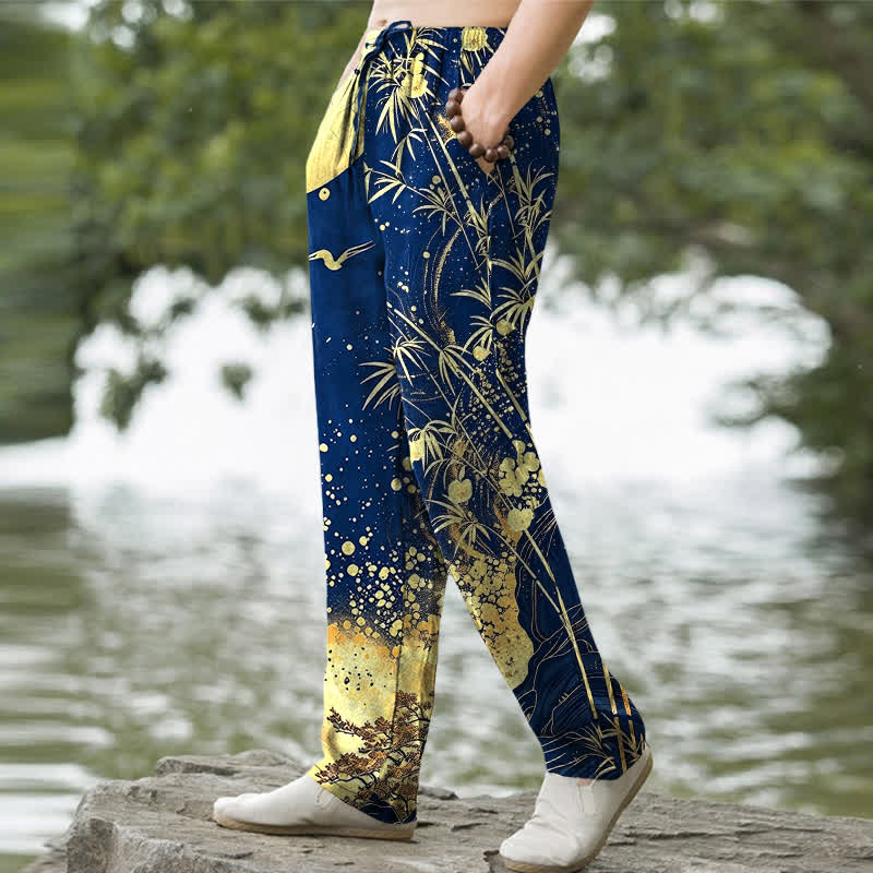 Buddha Stones Cotton Golden Moon Bamboo Pattern Men's Tapered Pants With Pockets - image 7
