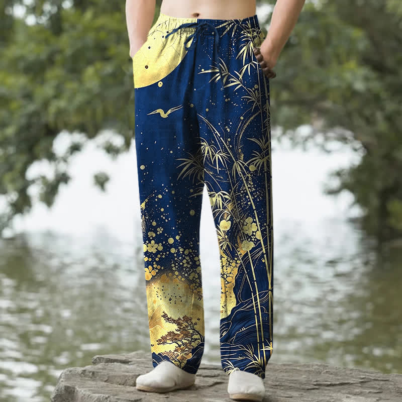 Buddha Stones Cotton Golden Moon Bamboo Pattern Men's Tapered Pants With Pockets - Navy - US/UK/AU50，EU60 (5XL) - image 6