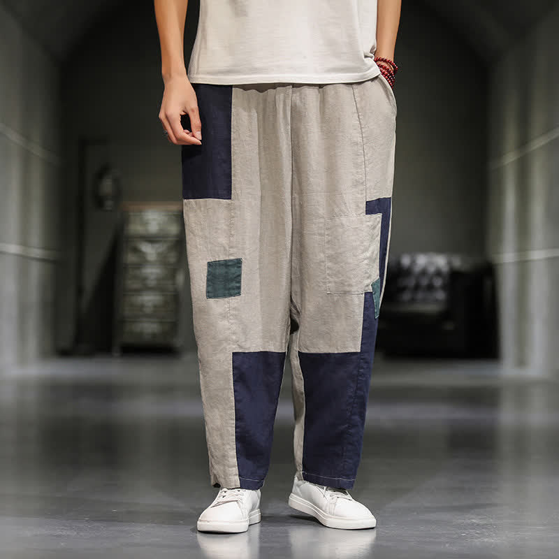 Buddha Stones Spring Casual Color Block Cotton Linen Cropped Men's Harem Pants With Pockets - Beige - US/UK/AU48，EU58(5XL) - image 0